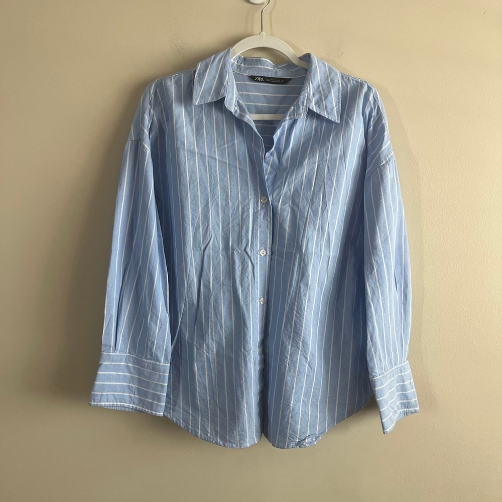 Zara Blue White Striped Poplin Shirt S Cotton Oversized Wide Cuff Button Up